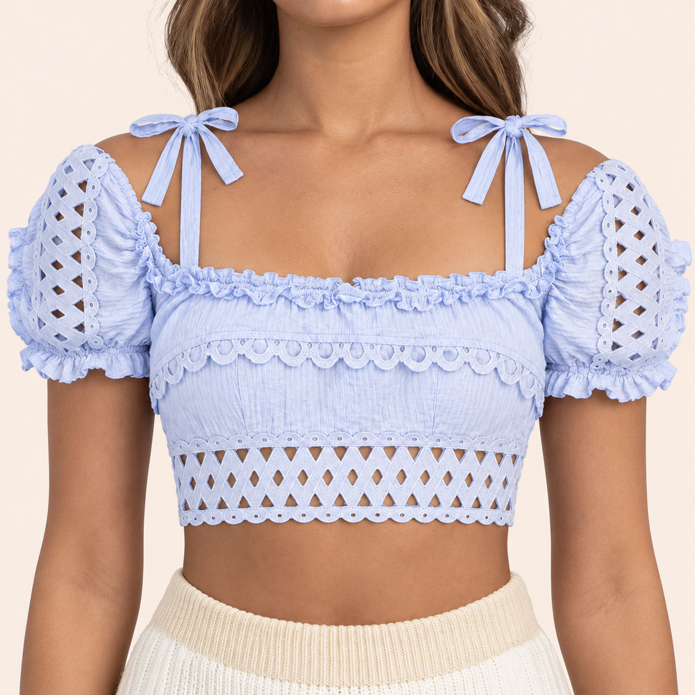 Indikah Off-Shoulder Ruffle Crop Top in Light Blue
